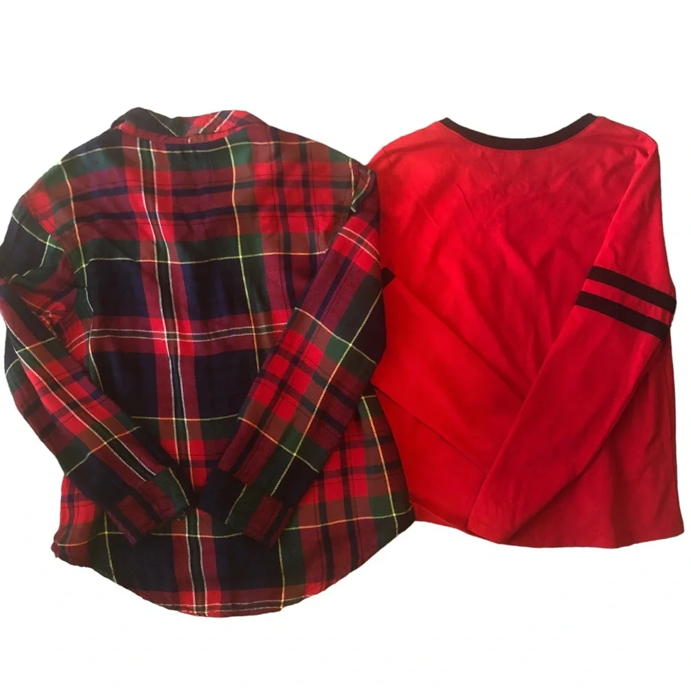 Justice Girls Set Tops Plaid Button Red Ringer Long Sleeve